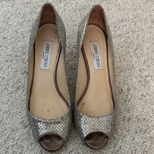 Jimmy Choo Glittering Silver Peep Toe Heels